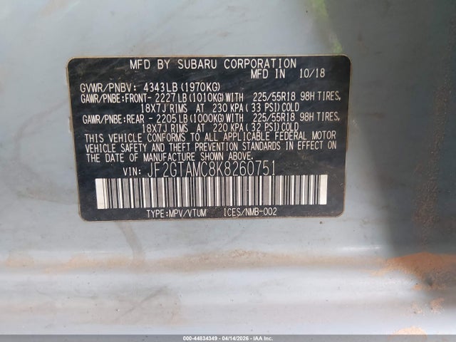 Aukcja sprzedaży 2019 Subaru Crosstrek 2.0i Limited, vin: JF2GTAMC8K8260751, numer aukcji: 44834349