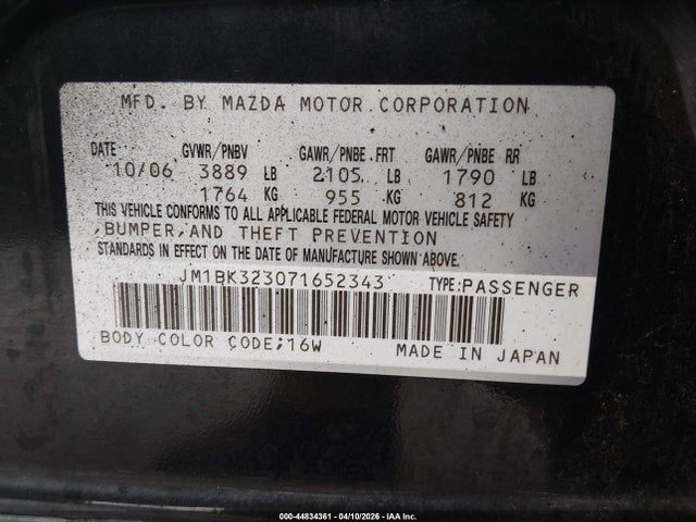 Продажа на аукционе авто 2007 Mazda Mazda3 S Grand Touring, vin: JM1BK323071652343, номер лота: 44834361