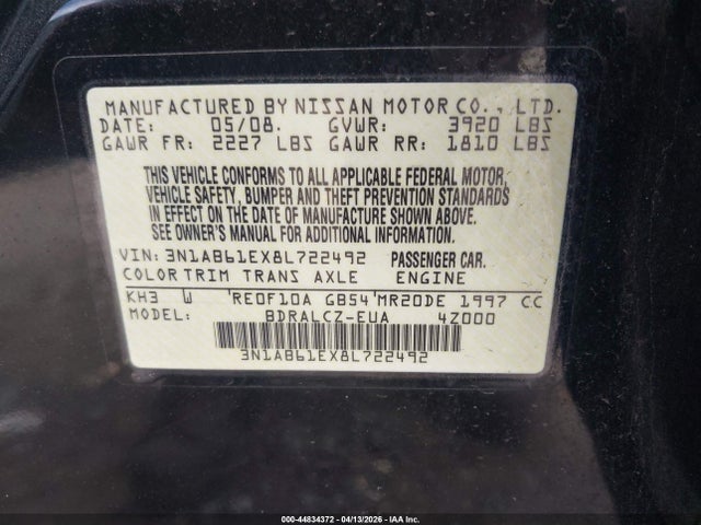 2008 NISSAN SENTRA 3N1AB61EX8L722492 Photo 8