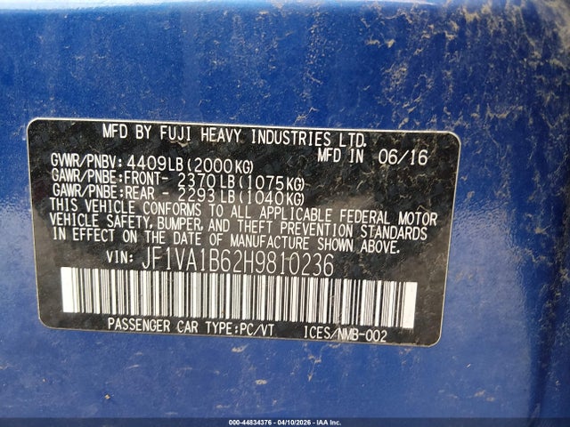 Продаж на аукціоні авто 2017 Subaru Wrx, vin: JF1VA1B62H9810236, номер лоту: 44834376