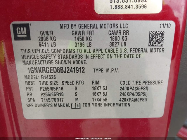 Aukcja sprzedaży 2011 Chevrolet Traverse 1lt, vin: 1GNKRGED8BJ241912, numer aukcji: 44834380