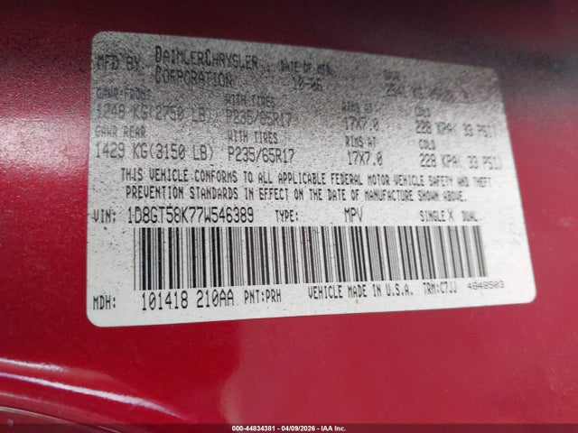 2007 Dodge Nitro Slt/rt მანქანა იყიდება აუქციონზე, vin: 1D8GT58K77W546389, აუქციონის ნომერი: 44834381