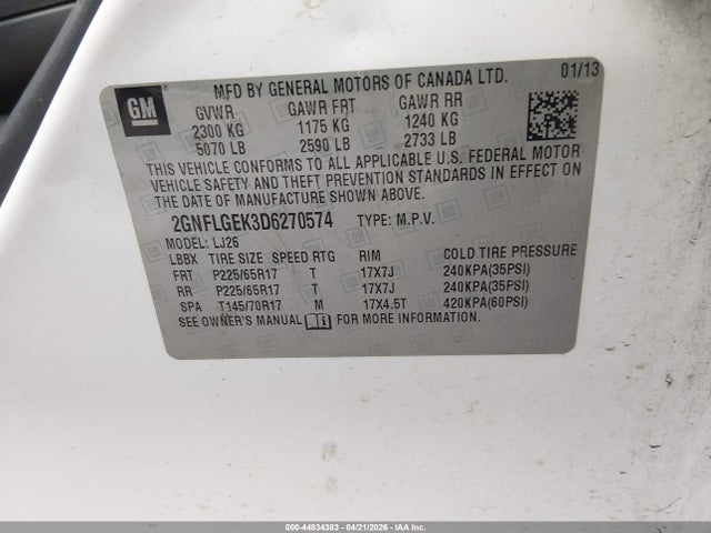 Продаж на аукціоні авто 2013 Chevrolet Equinox Ltz, vin: 2GNFLGEK3D6270574, номер лоту: 44834383