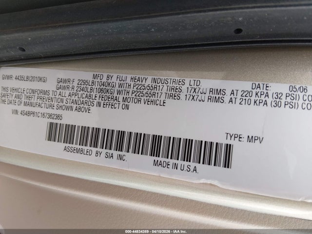 2006 Subaru Outback 2.5i მანქანა იყიდება აუქციონზე, vin: 4S4BP61C167362365, აუქციონის ნომერი: 44834389