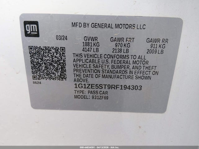 2024 Chevrolet Malibu Fwd 2lt მანქანა იყიდება აუქციონზე, vin: 1G1ZE5ST9RF194303, აუქციონის ნომერი: 44834391