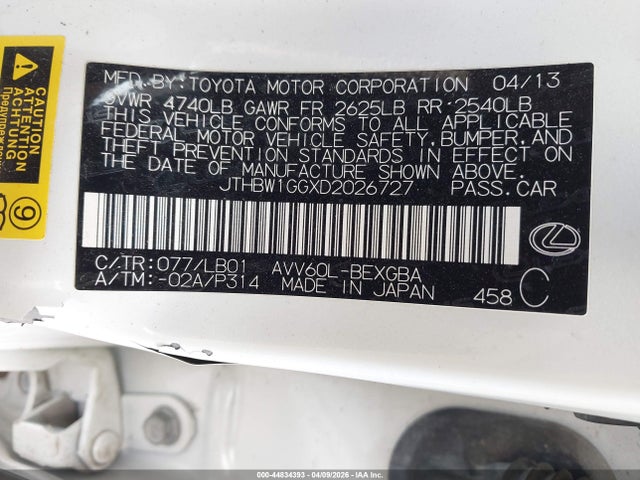 Продаж на аукціоні авто 2013 Lexus Es 300h, vin: JTHBW1GGXD2026727, номер лоту: 44834393