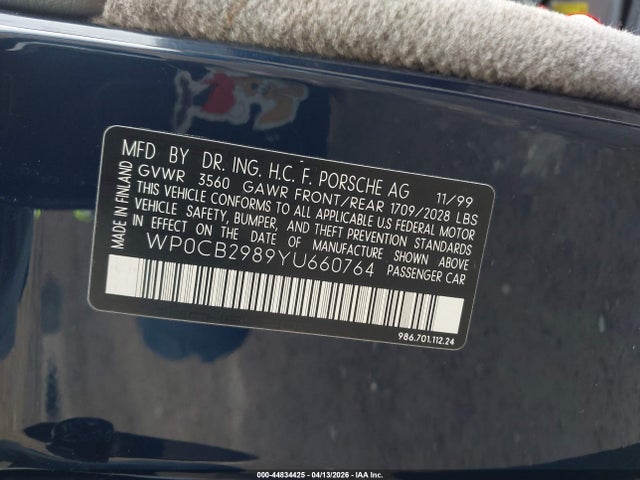 Продажа на аукционе авто 2000 Porsche Boxster S, vin: WP0CB2989YU660764, номер лота: 44834425