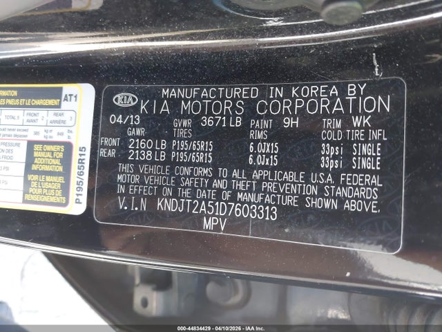 44834429 :رقم المزاد ، KNDJT2A51D7603313 vin ، 2013 Kia Soul مزاد بيع