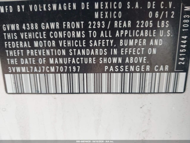 Продаж на аукціоні авто 2012 Volkswagen Jetta Sportwagen 2.0l Tdi, vin: 3VWML7AJ7CM707197, номер лоту: 44834439