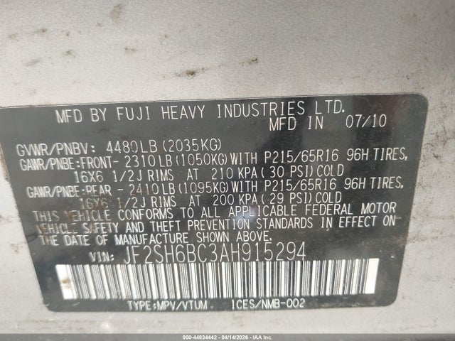 44834442 :رقم المزاد ، JF2SH6BC3AH915294 vin ، 2010 Subaru Forester 2.5x مزاد بيع