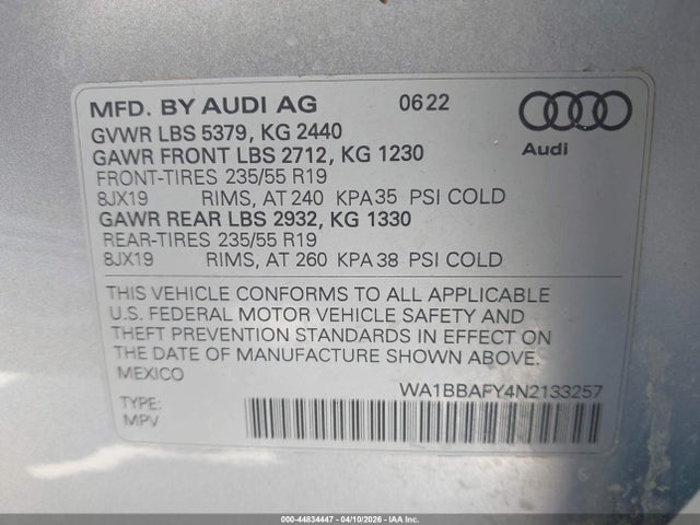 Aukcja sprzedaży 2022 Audi Q5 Premium Plus 40 Tfsi Quattro S Tronic, vin: WA1BBAFY4N2133257, numer aukcji: 44834447