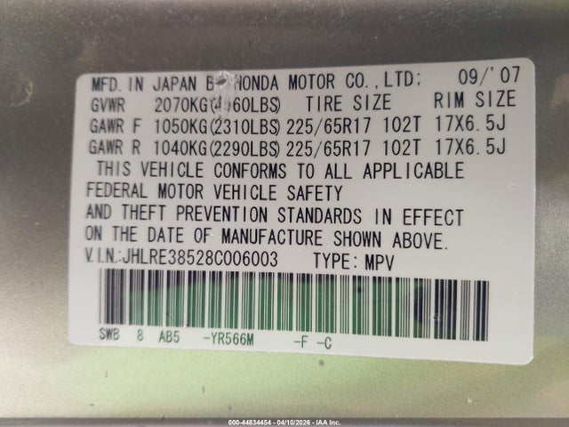 44834454 :رقم المزاد ، JHLRE38528C006003 vin ، 2008 Honda Cr-v Ex مزاد بيع