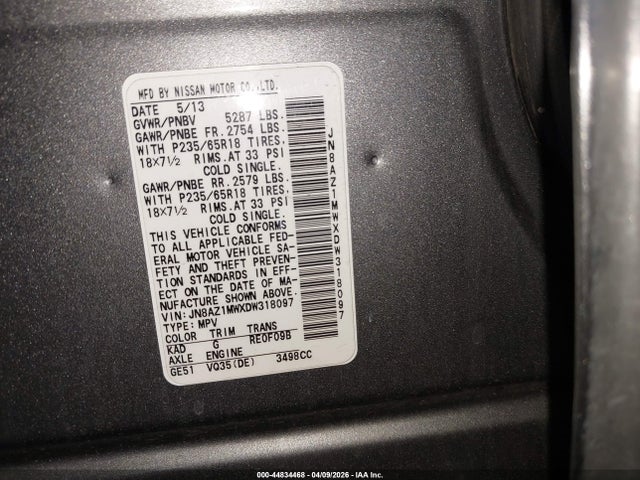 Продаж на аукціоні авто 2013 Nissan Murano S, vin: JN8AZ1MWXDW318097, номер лоту: 44834468