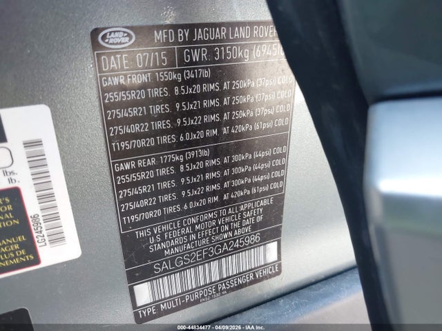 44834477 :رقم المزاد ، SALGS2EF3GA245986 vin ، 2016 Land Rover Range Rover 5.0l V8 Supercharged مزاد بيع