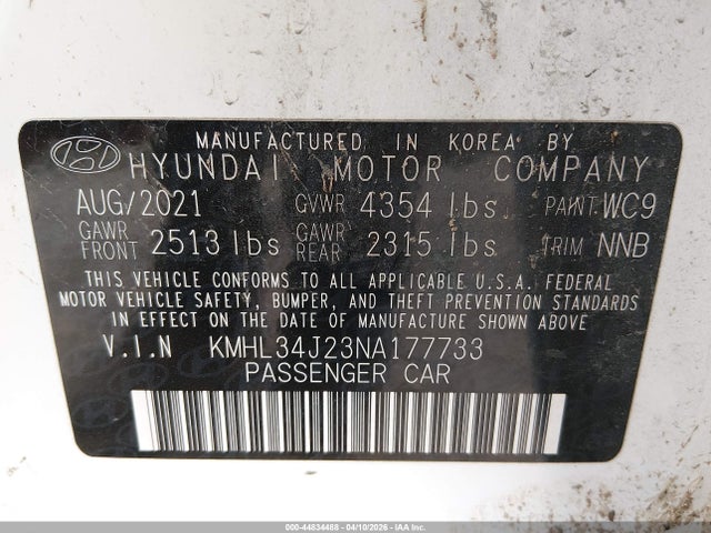 Продаж на аукціоні авто 2022 Hyundai Sonata Limited, vin: KMHL34J23NA177733, номер лоту: 44834488