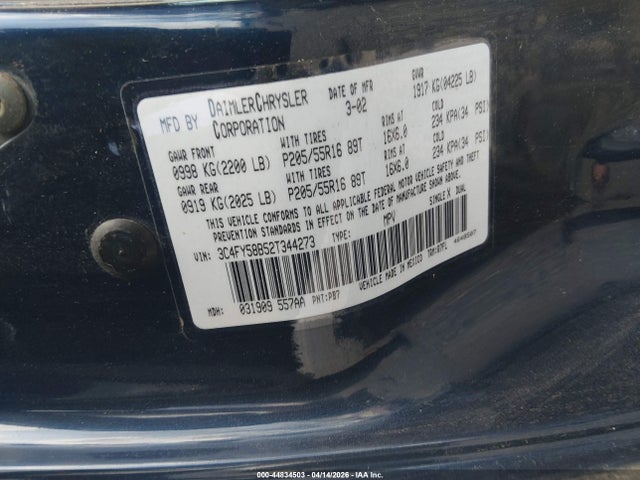 Aukcja sprzedaży 2002 Chrysler Pt Cruiser Touring, vin: 3C4FY58B52T344273, numer aukcji: 44834503