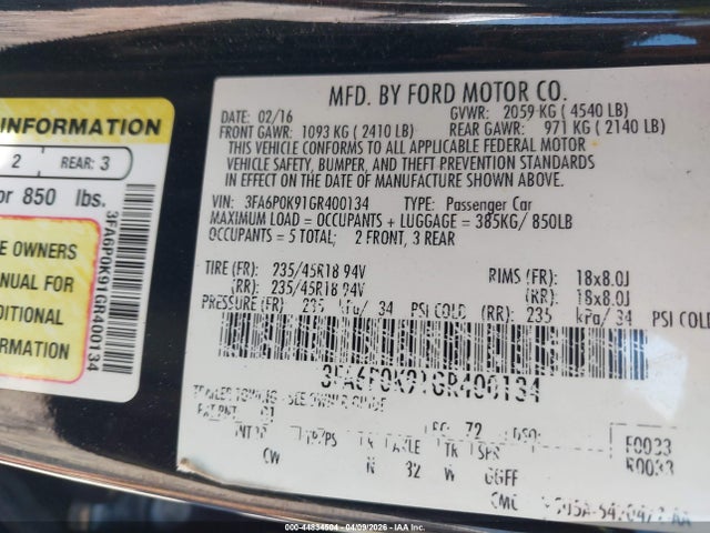 44834504 :رقم المزاد ، 3FA6P0K91GR400134 vin ، 2016 Ford Fusion Titanium مزاد بيع