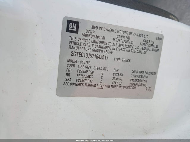 Aukcja sprzedaży 2007 Gmc Sierra 1500 Sle1, vin: 2GTEC19J571642517, numer aukcji: 44834513