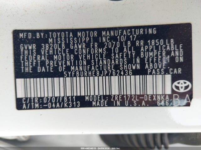 Toyota COROLLA LE 2018 5YFBURHE8JP762436 Image 9