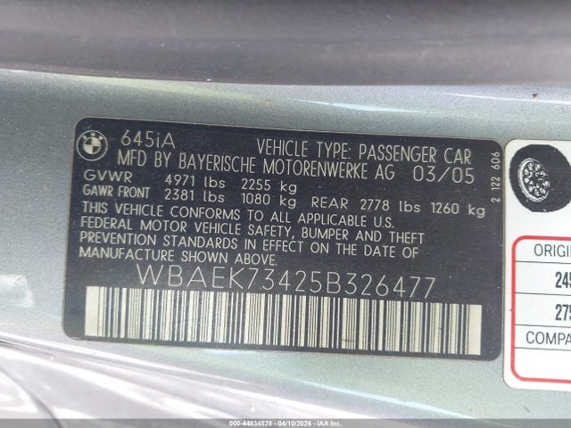 2005 Bmw 645ci მანქანა იყიდება აუქციონზე, vin: WBAEK73425B326477, აუქციონის ნომერი: 44834528