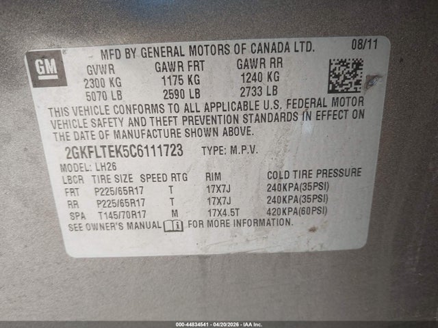 Aukcja sprzedaży 2012 Gmc Terrain Sle-2, vin: 2GKFLTEK5C6111723, numer aukcji: 44834541