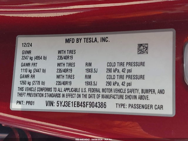 5YJ3E1EB4SF904386 Tesla Model 3 Long Range All-wheel Drive