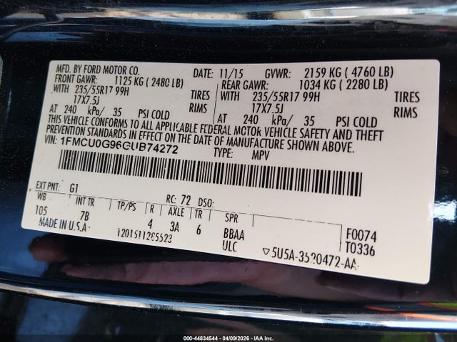 44834544 :رقم المزاد ، 1FMCU0G96GUB74272 vin ، 2016 Ford Escape Se مزاد بيع