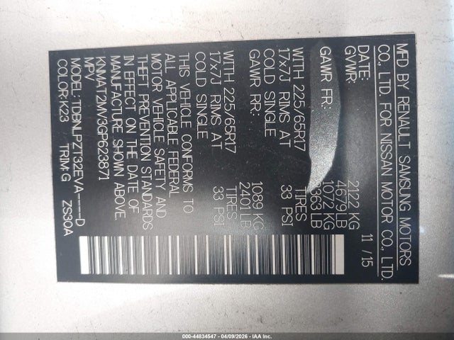 44834547 :رقم المزاد ، KNMAT2MV3GP623871 vin ، 2016 Nissan Rogue S مزاد بيع