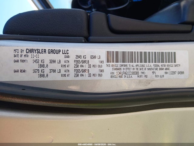 44834560 :رقم المزاد ، 1C4RJFAG1CC189389 vin ، 2012 Jeep Grand Cherokee Laredo مزاد بيع