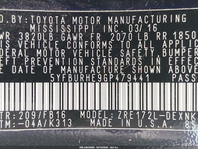 5YFBURHE9GP479441 Toyota COROLLA LE