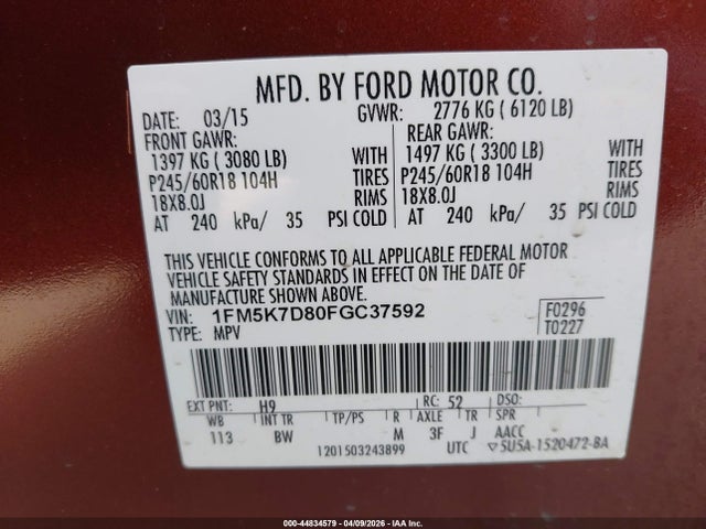 44834579 :رقم المزاد ، 1FM5K7D80FGC37592 vin ، 2015 Ford Explorer Xlt مزاد بيع