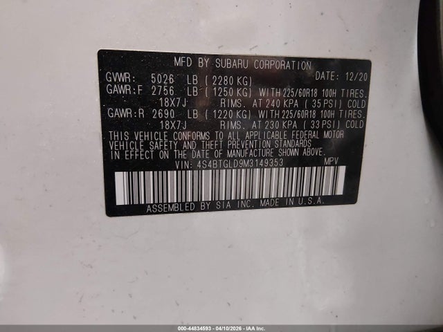 Продаж на аукціоні авто 2021 Subaru Outback Onyx Edition Xt, vin: 4S4BTGLD9M3149353, номер лоту: 44834593