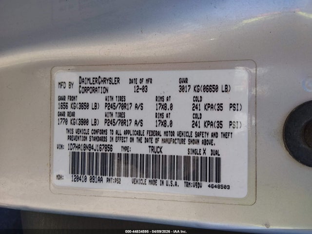 Продажа на аукционе авто 2004 Dodge Ram 1500 Slt/laramie, vin: 1D7HA18N94J167856, номер лота: 44834595
