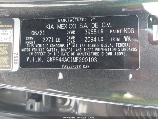 44834598 :رقم المزاد ، 3KPF44AC1ME390103 vin ، 2021 Kia Forte Gt مزاد بيع