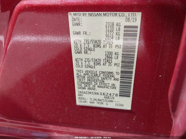 44834611 :رقم المزاد ، 5N1AZ2MJ2KN162478 vin ، 2019 Nissan Murano Sl مزاد بيع