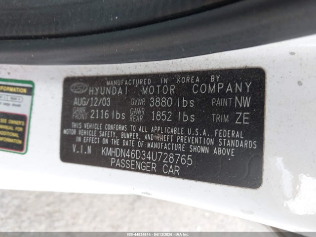 Продажа на аукционе авто 2004 Hyundai Elantra Gls/gt, vin: KMHDN46D34U728765, номер лота: 44834614