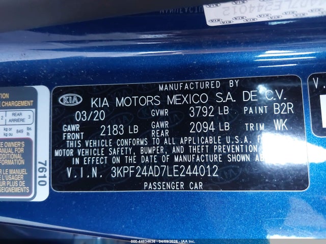 Aukcja sprzedaży 2020 Kia Forte Lxs, vin: 3KPF24AD7LE244012, numer aukcji: 44834636