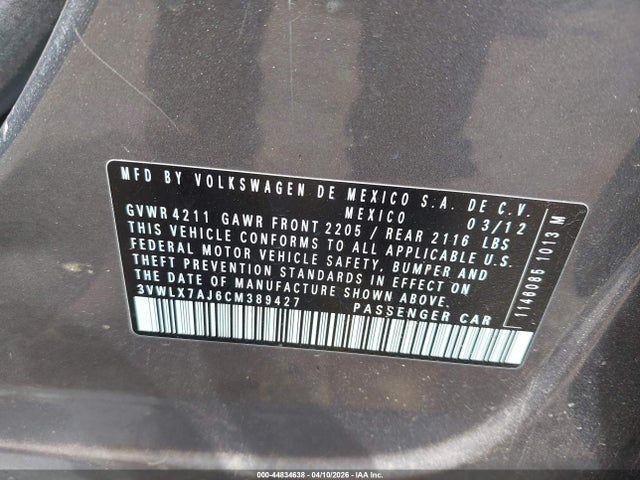 Продаж на аукціоні авто 2012 Volkswagen Jetta 2.5l Sel, vin: 3VWLX7AJ6CM389427, номер лоту: 44834638