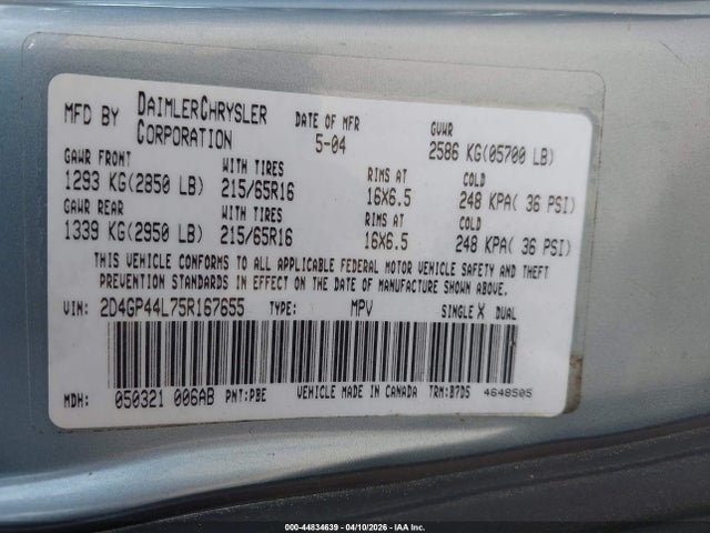 Aukcja sprzedaży 2005 Dodge Grand Caravan Sxt, vin: 2D4GP44L75R167655, numer aukcji: 44834639