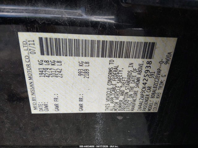 44834658 :رقم المزاد ، 1N4AL2AP3CN425938 vin ، 2012 Nissan Altima 2.5 S مزاد بيع