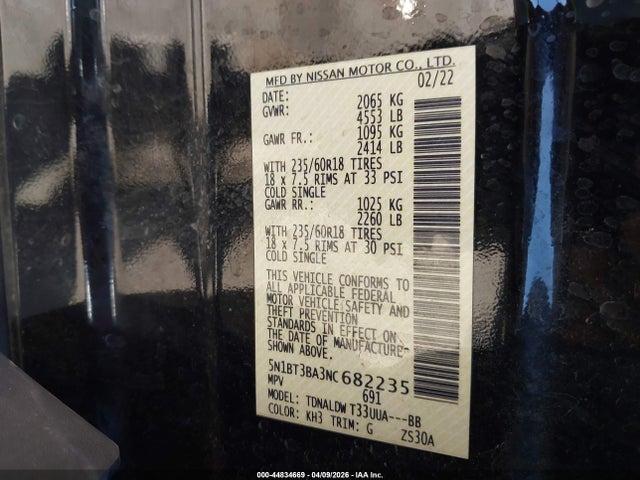 5N1BT3BA3NC682235 Nissan Rogue Sv Fwd
