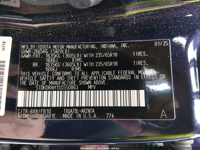 Продажа на аукционе авто 2025 Toyota Highlander Le, vin: 5TDKDRAH1SS550863, номер лота: 44834674
