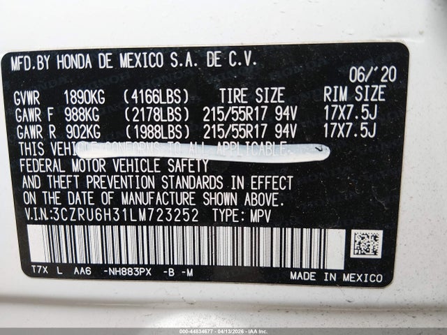 44834677 :رقم المزاد ، 3CZRU6H31LM723252 vin ، 2020 Honda Hr-v Awd Lx مزاد بيع