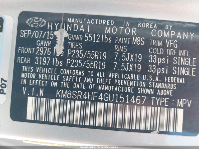 2016 Hyundai Santa Fe Limited მანქანა იყიდება აუქციონზე, vin: KM8SR4HF4GU151467, აუქციონის ნომერი: 44834685
