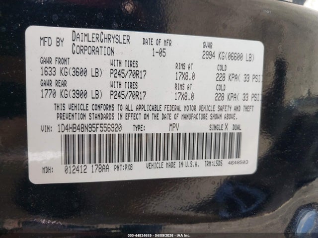 Продажа на аукционе авто 2005 Dodge Durango Slt, vin: 1D4HB48N95F556920, номер лота: 44834689