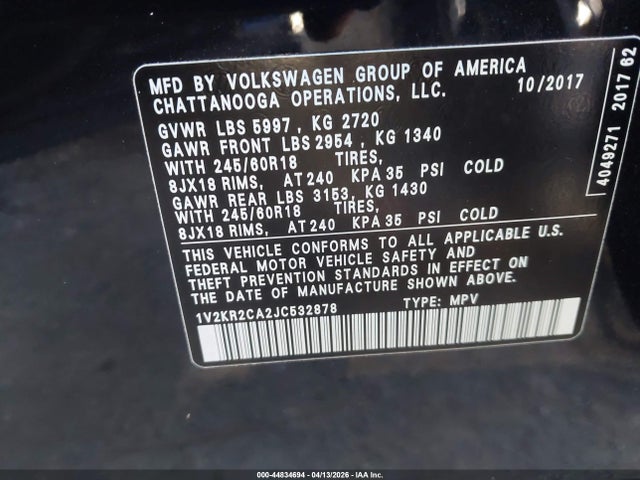 44834694 :رقم المزاد ، 1V2KR2CA2JC532878 vin ، 2018 Volkswagen Atlas 3.6l V6 Se مزاد بيع