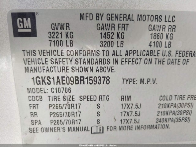 Продажа на аукционе авто 2011 Gmc Yukon Sle, vin: 1GKS1AE09BR159378, номер лота: 44834696