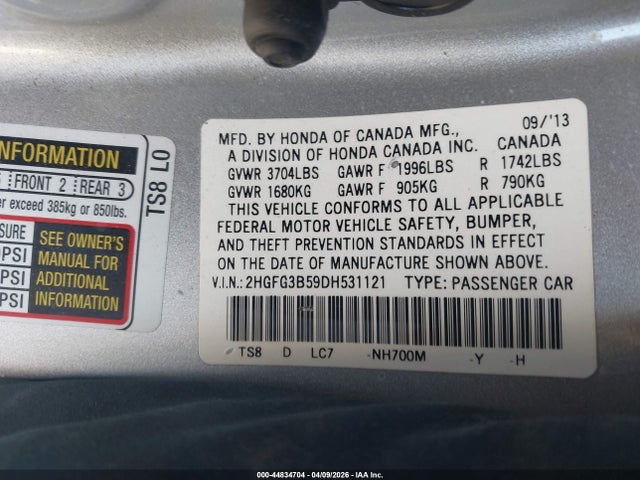 2013 Honda Civic Lx მანქანა იყიდება აუქციონზე, vin: 2HGFG3B59DH531121, აუქციონის ნომერი: 44834704