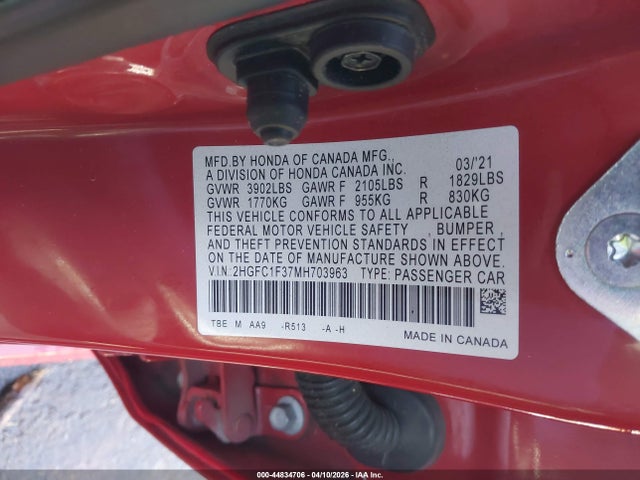 44834706 :رقم المزاد ، 2HGFC1F37MH703963 vin ، 2021 Honda Civic Ex مزاد بيع