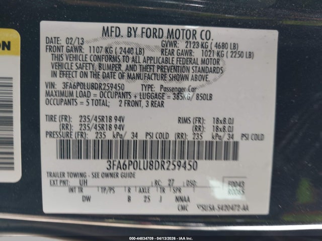 2013 Ford Fusion Hybrid Se მანქანა იყიდება აუქციონზე, vin: 3FA6P0LU8DR259450, აუქციონის ნომერი: 44834709